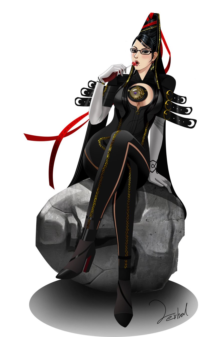 absurdres bayonetta bayonetta_(character) black_hair blue_eyes bodysuit breasts cleavage cleavage_cutout earrings eyeshadow glasses gloves high_heels highres jewelry lipstick long_hair glasses mole shoes sitting_on_object sitting_on_rock solo very_long_hair