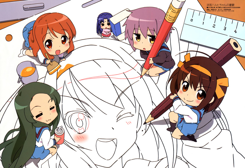 5girls :3 absurdres achakura airbrush asahina_mikuru asakura_ryouko blue_eyes blue_hair brown_eyes brown_hair chibi closed_eyes colored_pencil drawing eraser from_above headband highres long_hair megami minigirl multiple_girls nagato_yuki nishiya_futoshi official_art paint pencil purple_hair ruler scan school_uniform serafuku socks suzumiya_haruhi suzumiya_haruhi-chan_no_yuuutsu suzumiya_haruhi_no_yuuutsu tsuruya very_long_hair wooden_pencil