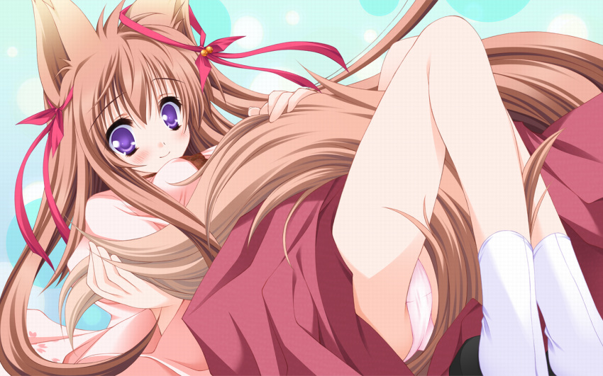 bell blush brown_hair hair_ornament hair_ribbon jingle_bell mito_mashiro moekibara_fumitake on_back panties pink_panties purple_eyes ribbon smile socks tail tayutama underwear wallpaper