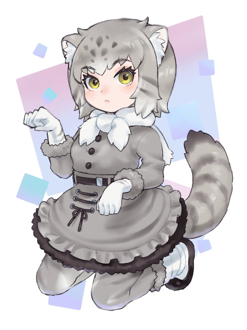 1girl an-chan_(ananna0315) animal_ears black_fur blush boots buttons cat_ears cat_girl cat_tail commentary_request eyebrows_visible_through_hair frilled_skirt frills fur_trim gloves grey_fur grey_hair grey_legwear grey_skirt grey_sweater high-waist_skirt highres kemono_friends kneeling long_sleeves multicolored_hair pallas's_cat_(kemono_friends) pantyhose paw_pose short_hair skirt solo sweater tail white_footwear white_gloves white_hair white_neckwear yellow_eyes