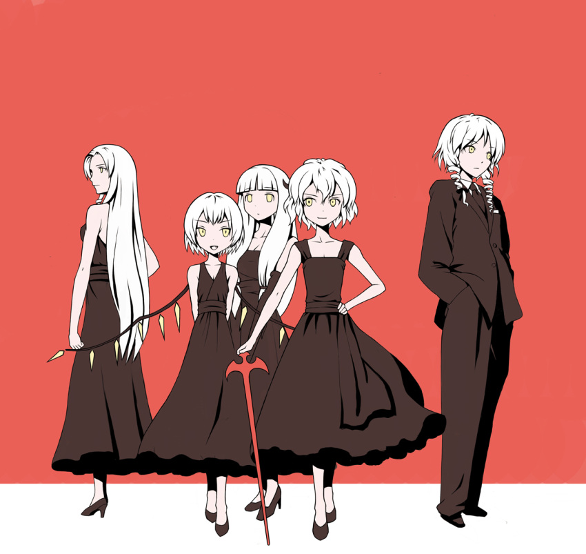 alternate_eye_color alternate_hair_color bare_shoulders crossdressinging dress drill_hair flandre_scarlet flat_color formal high_heels hong_meiling izayoi_sakuya monochrome pant_suit patchouli_knowledge red red_background remilia_scarlet shoes simple_background suit touhou white_hair yellow_eyes yuugiri