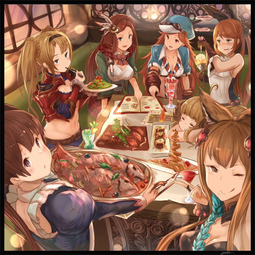 5girls 6+girls :p absurdres anila_(granblue_fantasy) blonde_hair blue_eyes blush braid breasts brown_eyes brown_hair clarisse_(granblue_fantasy) cleavage dorothy_(granblue_fantasy) ears eating erun_(granblue_fantasy) fingerless_gloves fish food gloves granblue_fantasy green_eyes hair_ornament hair_ribbon hat highres karen_(granblue_fantasy) long_hair looking_at_viewer mary_(granblue_fantasy) meat menu metella_(granblue_fantasy) mole mole_under_mouth multiple_girls one_eye_closed open_mouth orange_hair plaid plaid_skirt ponytail red_eyes ribbon salad saliva skirt smile table tongue tongue_out tray twintails yatsuka_(846) zeta_(granblue_fantasy)