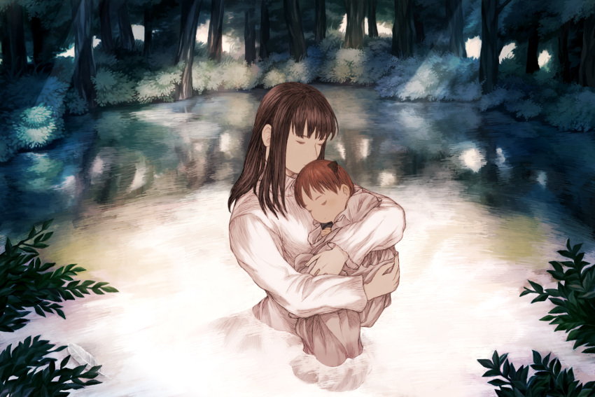 1boy 1girl baby brown_hair carrying forest from_behind highres horns kiss maekakekamen mono nature partially_submerged pond redhead shadow_of_the_colossus sleeping wander