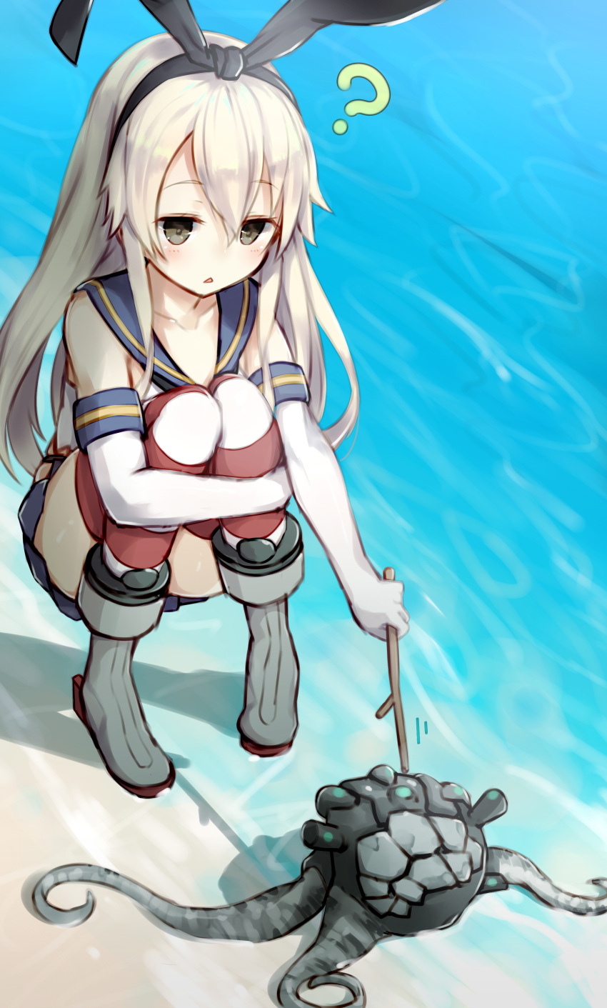 1girl ? absurdres bare_shoulders bent_knees blonde_hair detached_sleeves elbow_gloves enemy_naval_mine_(kantai_collection) from_above gloves glowing glowing_eyes grey_eyes hair_between_eyes hairband highleg highleg_panties highres jitome kantai_collection katoroku long_hair looking_at_another midriff miniskirt open_mouth panties pleated_skirt school_uniform serafuku shimakaze_(kantai_collection) shinkaisei-kan shirt skirt skirt_set sleeveless sleeveless_shirt spoken_question_mark striped striped_legwear tentacle thighs triangle_mouth underwear water white_gloves