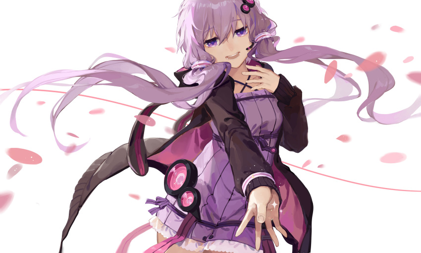 1girl :d absurdres aimota black_sweater bow collarbone dress floating_hair hair_bow highres long_hair microphone open_mouth outstretched_arm petals purple_dress purple_hair short_dress simple_background smile solo striped sweater twintails vertical-striped_dress vertical_stripes very_long_hair violet_eyes vocaloid white_background yuzuki_yukari