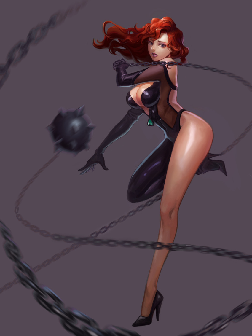1girl absurdres artist_request ball_and_chain bodysuit breasts brown_hair chains cleavage elbow_gloves flail full_body gloves hades_(herowarz) herowarz high_heels highres jewelry legs long_hair looking_at_viewer solo thighs violet_eyes weapon