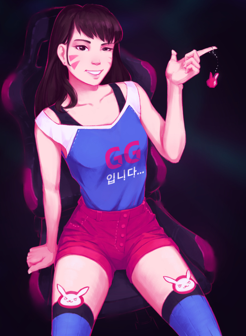 1girl arm_support arm_up bangs black_eyes blue_legwear blue_shirt brown_hair bunny_print casual chair clothes_writing d.va_(overwatch) dark_room facepaint grin highres keychain overwatch pink_shirt piotr_(morthiasik) pointing shirt shorts sitting smile solo tank_top teeth thigh-highs thighs translation_request undershirt whisker_markings zettai_ryouiki