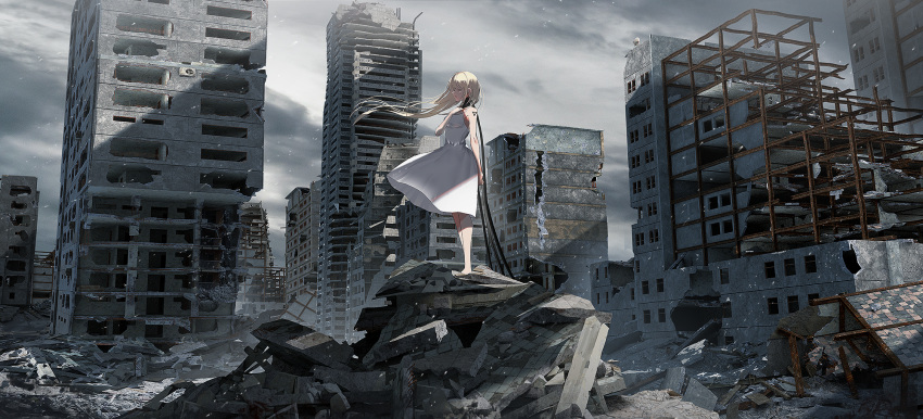 1girl bare_arms bare_shoulders barefoot blonde_hair breasts building checkered city cityscape closed_eyes clouds cloudy_sky day destruction dress floating_hair hand_on_own_chest hand_up highres original outdoors overcast parted_lips rubble ruins scenery sky skyscraper sleeveless sleeveless_dress small_breasts solo standing swav white_dress