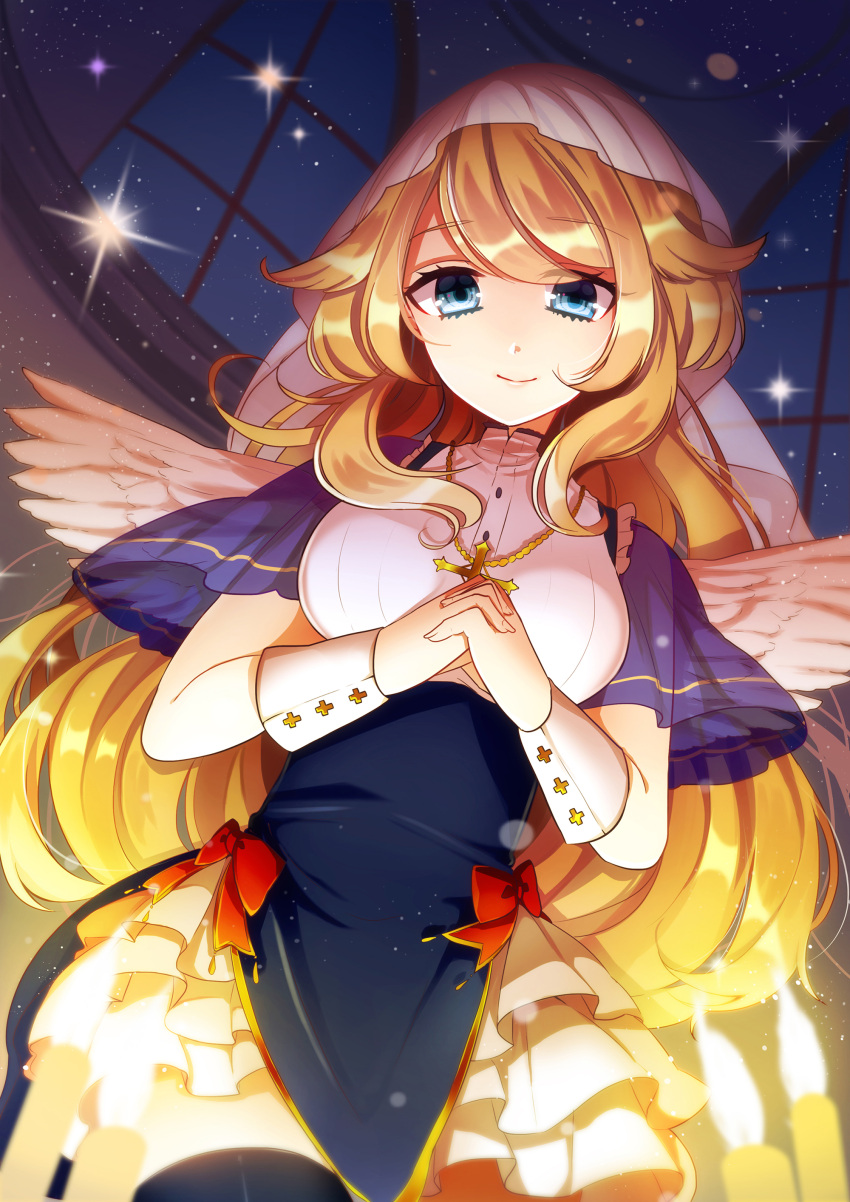 1girl absurdres blue_eyes breasts candle hands_clasped highres kenpin long_hair looking_at_viewer original smile solo wings