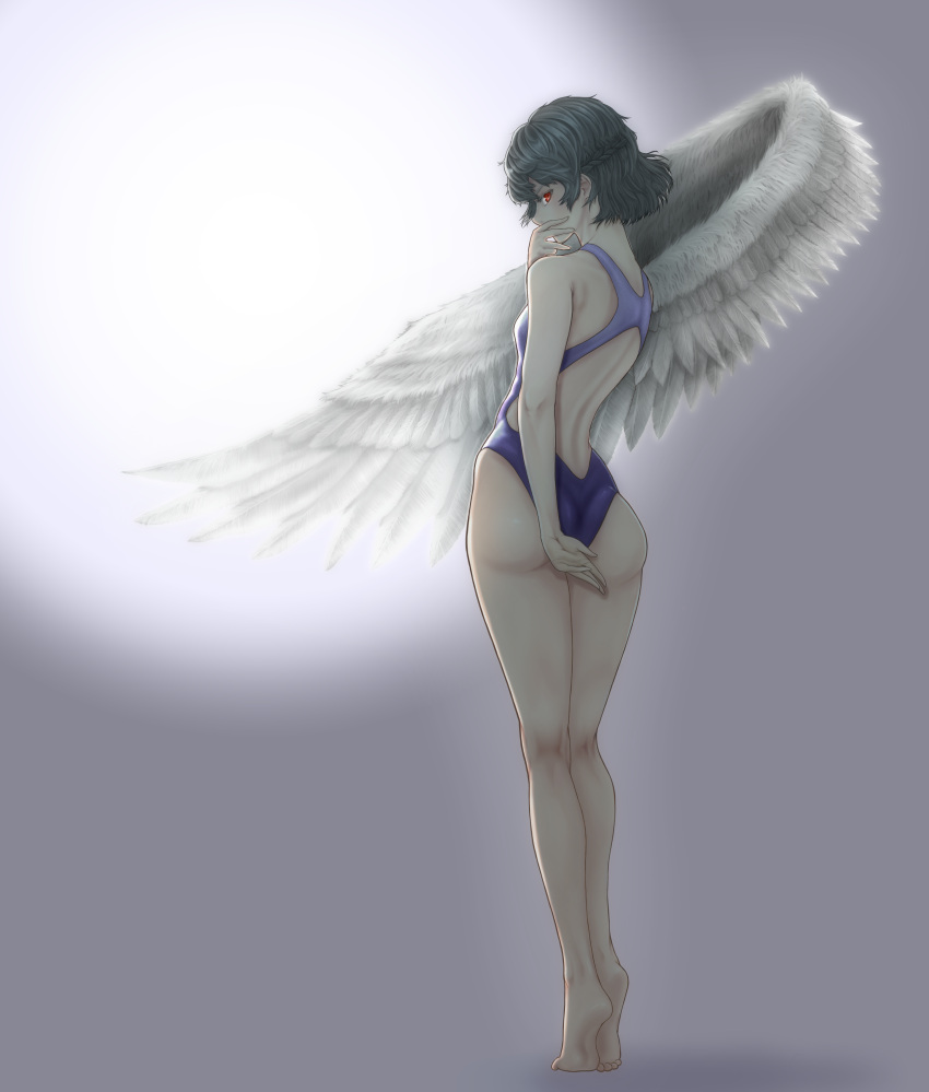 1girl absurdres alternate_costume angel_wings ankles arm_behind_back ass back backlighting bangs braid breasts covering_mouth error feathered_wings french_braid full_body grey_background grey_wings highres hiraya_n kishin_sagume kneepits legs light looking_at_viewer looking_back one-piece_swimsuit red_eyes short_hair silver_hair single_wing small_breasts soles solo swimsuit thighs tiptoes toes touhou wavy_hair white_background wings