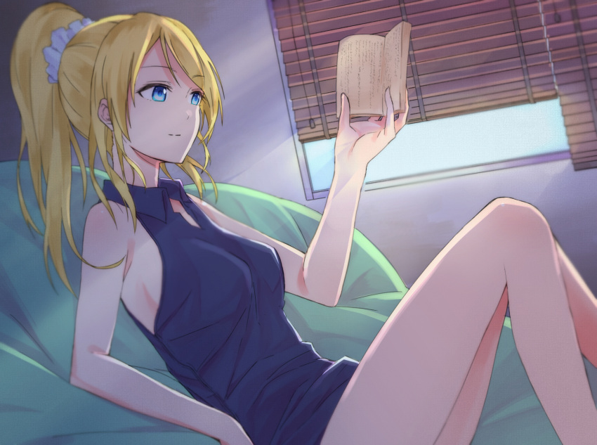 1girl ayase_eli blinds blonde_hair blue_eyes breasts collared_shirt from_side hair_ornament hair_scrunchie high_ponytail highres love_live! love_live!_school_idol_project megumegu_hosi_117 no_bra ponytail scrunchie shirt sideboob sleeveless sleeveless_shirt solo