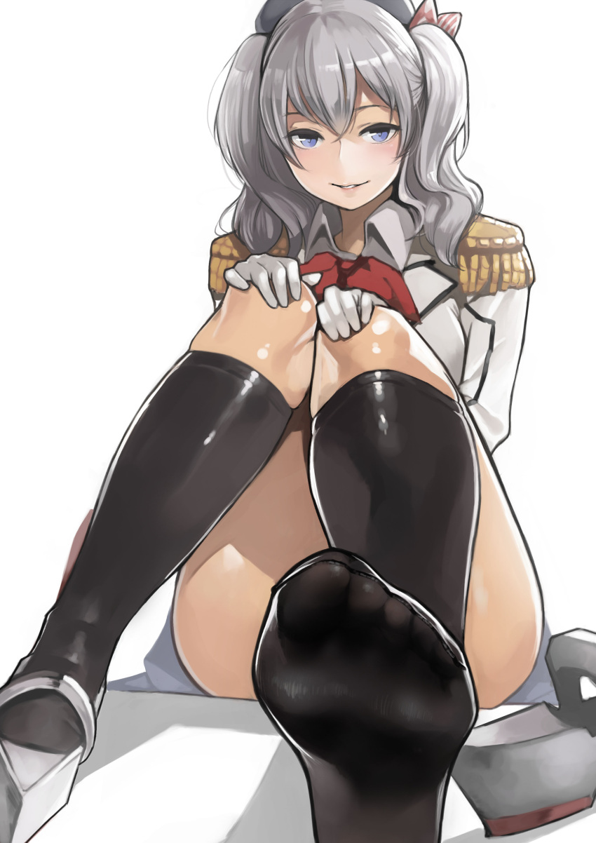1girl absurdres beret black_hat black_legwear blue_eyes bow collared_shirt convenient_censoring convenient_leg feet foreshortening gloves grey_shirt hands_on_own_knees hat hat_bow highres kantai_collection kashima_(kantai_collection) kerchief kneehighs knees_together_feet_apart long_sleeves looking_at_viewer no_shoes parted_lips pov_feet red_ribbon ribbon shiny shiny_skin shirt shoes_removed short_hair short_twintails silver_hair single_shoe sitting soles solo teeth thighs twintails wavy_hair white_coat white_gloves wing_collar yomu_(sgt_epper)