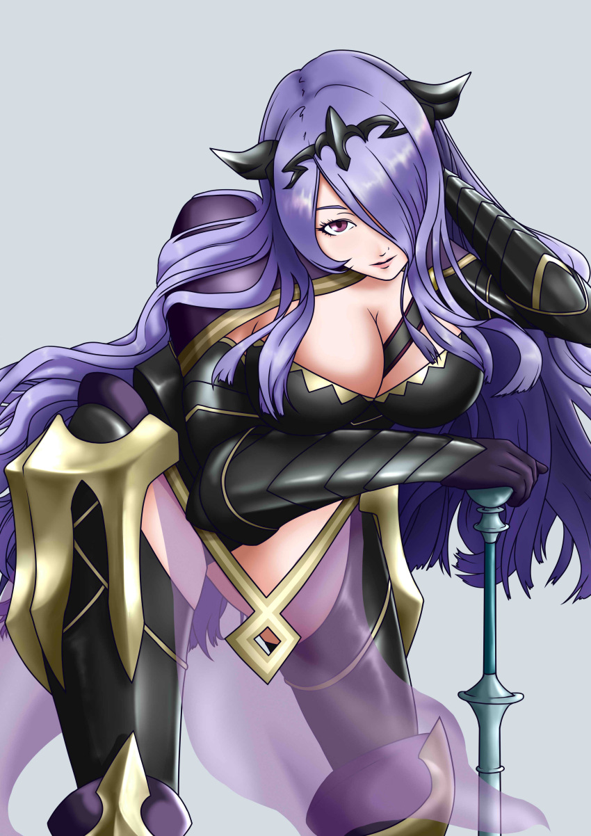 1girl absurdres armor axe bent_over black_armor boots breasts bustier camilla_(fire_emblem_if) capelet cleavage fire_emblem fire_emblem_if hair_over_one_eye highres horned_headwear large_breasts leaning leaning_on_object lips loincloth long_hair looking_at_viewer purple_hair strap tashige thigh-highs thigh_boots thighs tiara vambraces very_long_hair violet_eyes weapon