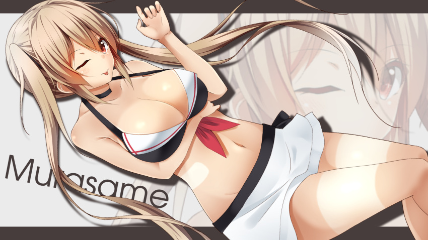 1girl ;p bare_shoulders bikini_skirt bikini_top breast_rest breasts brown_eyes character_name choker collarbone highres kantai_collection large_breasts light_brown_hair long_hair looking_at_viewer murasame_(kantai_collection) nanahane_fl navel one_eye_closed skirt solo swimsuit tan tanline tongue tongue_out twintails white_skirt