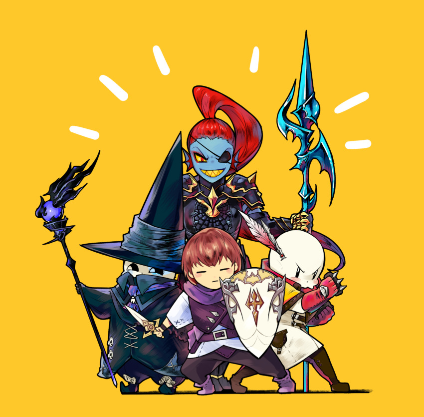 /\/\/\ 1girl 2boys androgynous armor black_mage blush boots brown_hair clenched_hands closed_eyes crossover dragoon_(final_fantasy) eyepatch feathers final_fantasy final_fantasy_xiv frisk_(undertale) grin hat highres knife long_hair monk_(final_fantasy) multiple_boys paladin_(final_fantasy) papyrus_(undertale) parted_lips polearm ponytail red_eyes redhead sans shield skeleton smile spear spiked_knuckles staff standing undertale undyne weapon witch_hat wizard_hat yamtteng yellow_background yellow_sclera yellow_teeth