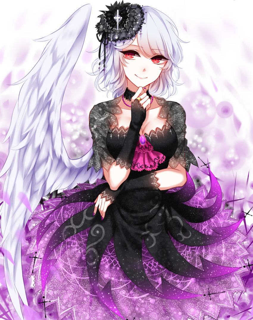 1girl absurdres adapted_costume alternate_color angel_wings ascot black_dress black_hat breasts bridal_gauntlets brooch choker cleavage cross dress feathered_wings frilled_choker frills hat highres jewelry kishin_sagume large_breasts looking_at_viewer nail_polish petticoat purple_nails red_eyes sheya short_hair short_sleeves single_wing smile solo touhou white_hair white_wings wings