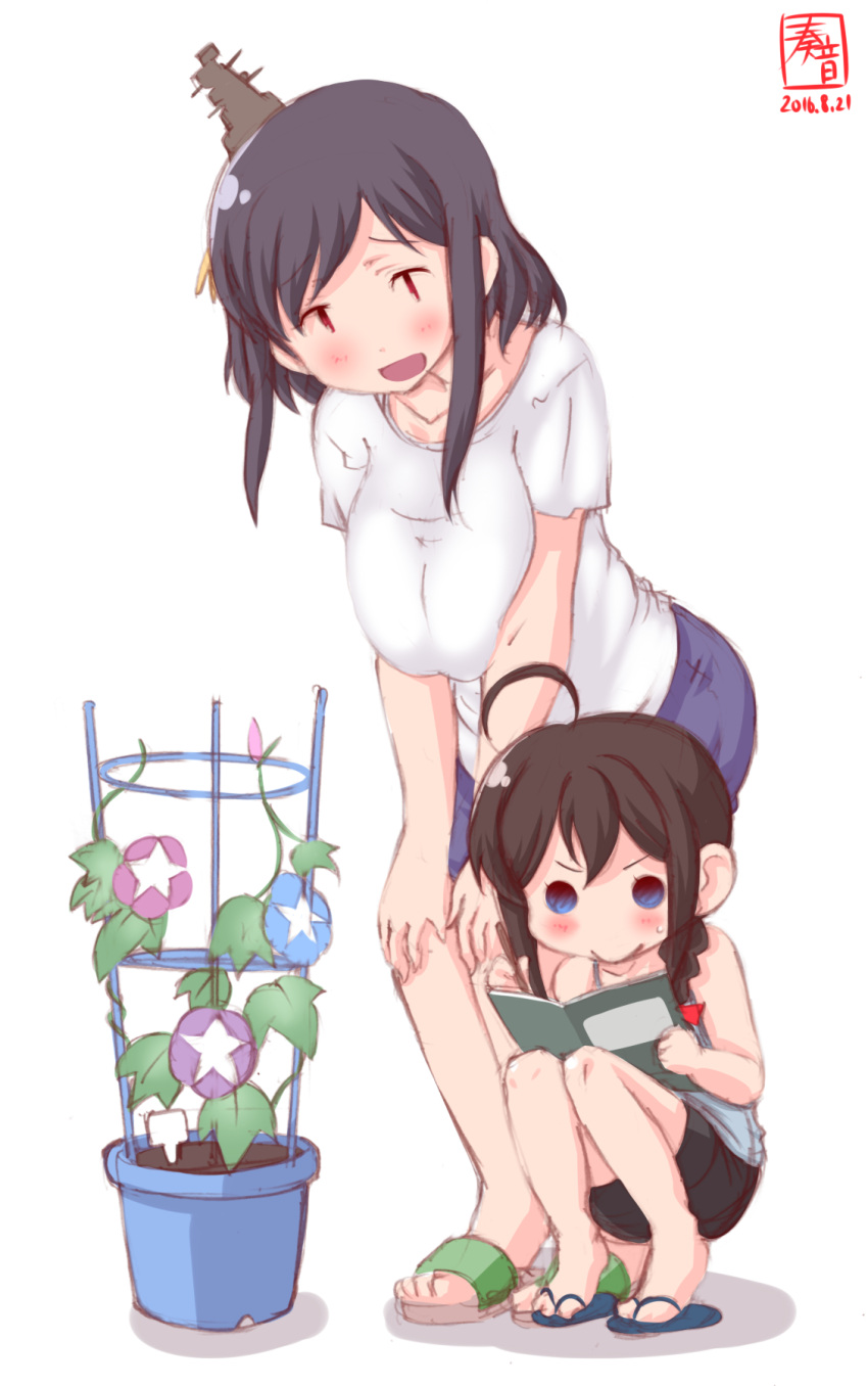 2girls ahoge alternate_costume artist_name black_hair braid commentary_request flower flower_pot hair_ornament hands_on_own_knees highres kanon_(kurogane_knights) kantai_collection long_hair multiple_girls o_o plant potted_plant sandals shigure_(kantai_collection) shirt short_hair simple_background single_braid watermark white_background white_shirt yamashiro_(kantai_collection)