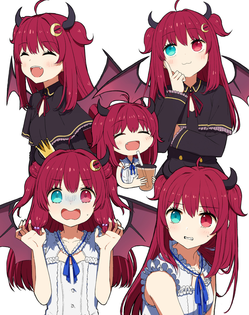 1girl :3 :d absurdres ahoge azu_(azusayumix) bare_arms bare_shoulders black_capelet black_dress blue_eyes blush capelet closed_eyes closed_mouth commentary_request crescent crescent_hair_ornament crown demon_girl demon_horns demon_wings double_bun dress frilled_capelet frills hair_ornament heterochromia highres horns long_hair mini_crown multiple_views neck_ribbon nijisanji purple_wings red_eyes red_ribbon redhead ribbon simple_background sleeveless sleeveless_dress smile tilted_headwear two_side_up very_long_hair virtual_youtuber white_background white_dress wings yuzuki_roa