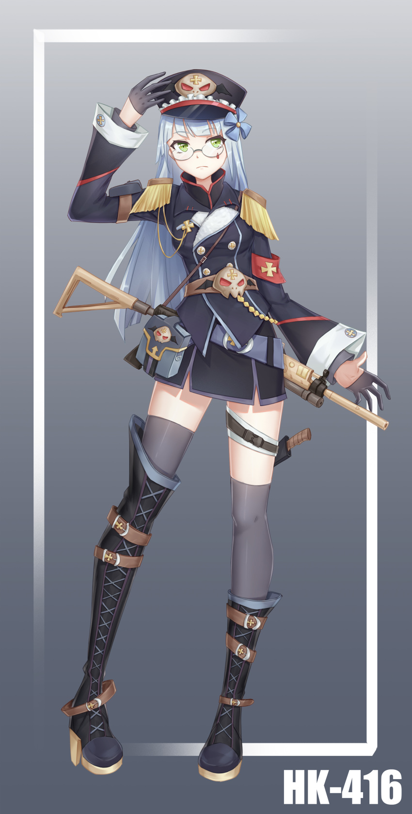 1girl 3779609928 absurdres assault_rifle black_legwear cross_hair_ornament facial_mark german_flag girls_frontline green_eyes gun h&amp;k_hk416 hair_ornament highres hk416_(girls_frontline) long_hair military_jacket original plaid plaid_skirt rifle silver_hair skirt suppressor thigh-highs weapon white_hair yandere