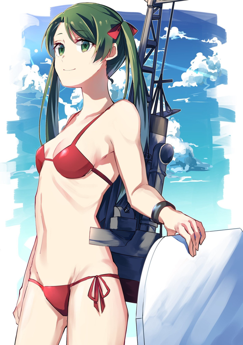 1girl betti_(maron) bikini blue_sky breasts cleavage clouds green_eyes green_hair highres kantai_collection long_hair matching_hair/eyes mikuma_(kantai_collection) red_bikini sky small_breasts smile solo standing swimsuit thigh-highs tied_hair twintails