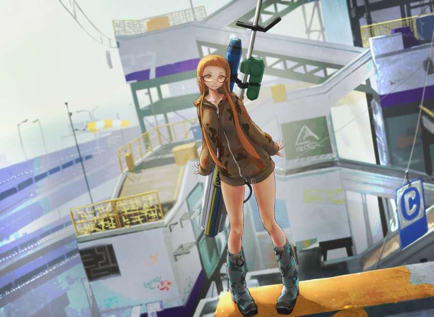 1girl boots closed_mouth collarbone dutch_angle glasses head_tilt highres hood hoodie inkling long_hair looking_at_viewer orange_hair outdoors pandarou revision road semi-rimless_glasses sleeves_past_wrists smile solo splatoon standing under-rim_glasses very_long_hair