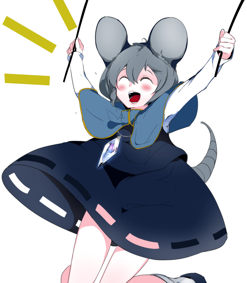 1girl adapted_costume ahoge animal_ears arms_up black_shoes black_skirt black_vest blush capelet closed_eyes diamond dowsing_rod grey_hair hair_between_eyes happy highres ikurauni jewelry jumping long_sleeves mouse_ears mouse_tail nazrin open_mouth pendant shirt shoes short_hair simple_background skirt skirt_lift skirt_set smile solo tail teeth tongue tongue_out touhou white_background white_legwear white_shirt