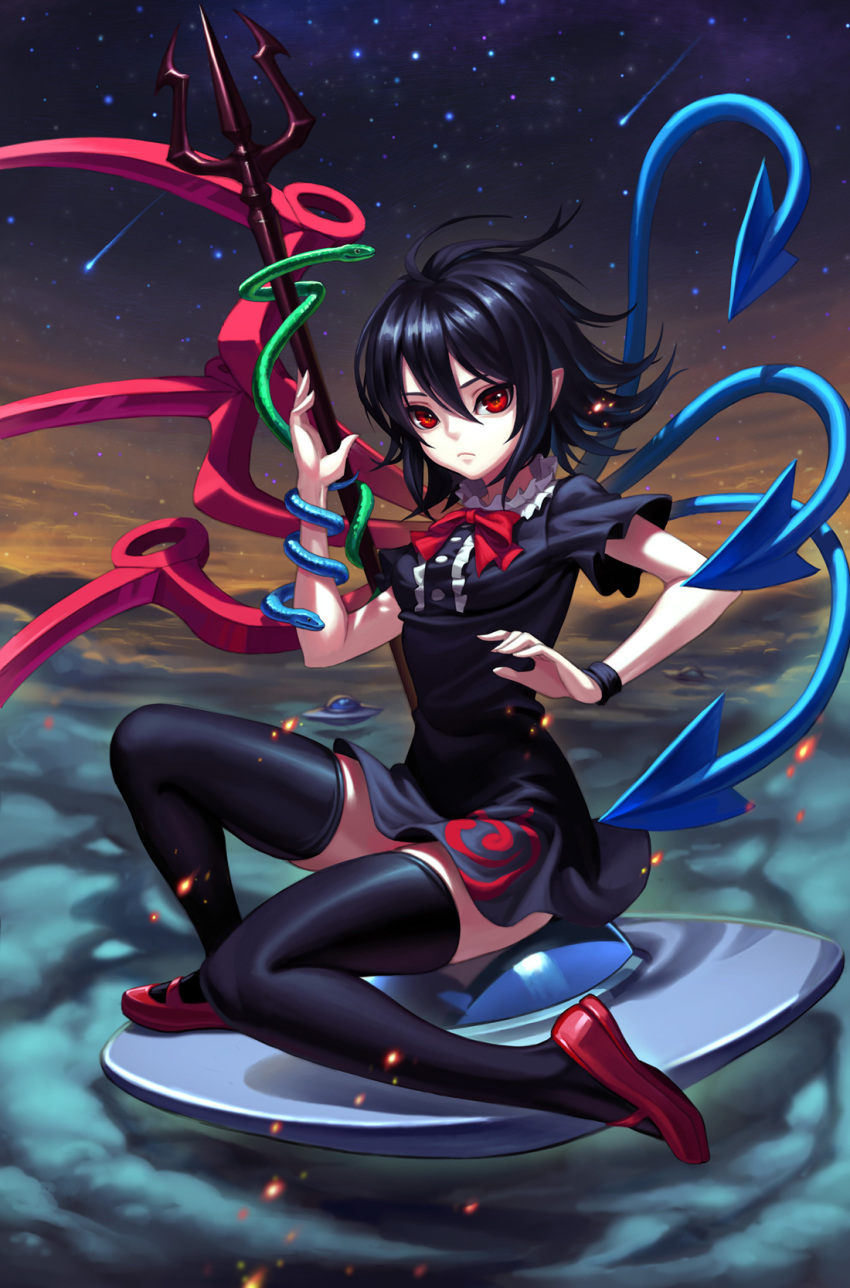 1girl ahoge asymmetrical_wings black_dress black_hair black_legwear dress fkey highres houjuu_nue looking_at_viewer mary_janes md5_mismatch pointy_ears polearm red_eyes shoes short_dress short_sleeves snake solo thigh-highs touhou trident ufo weapon wings zettai_ryouiki