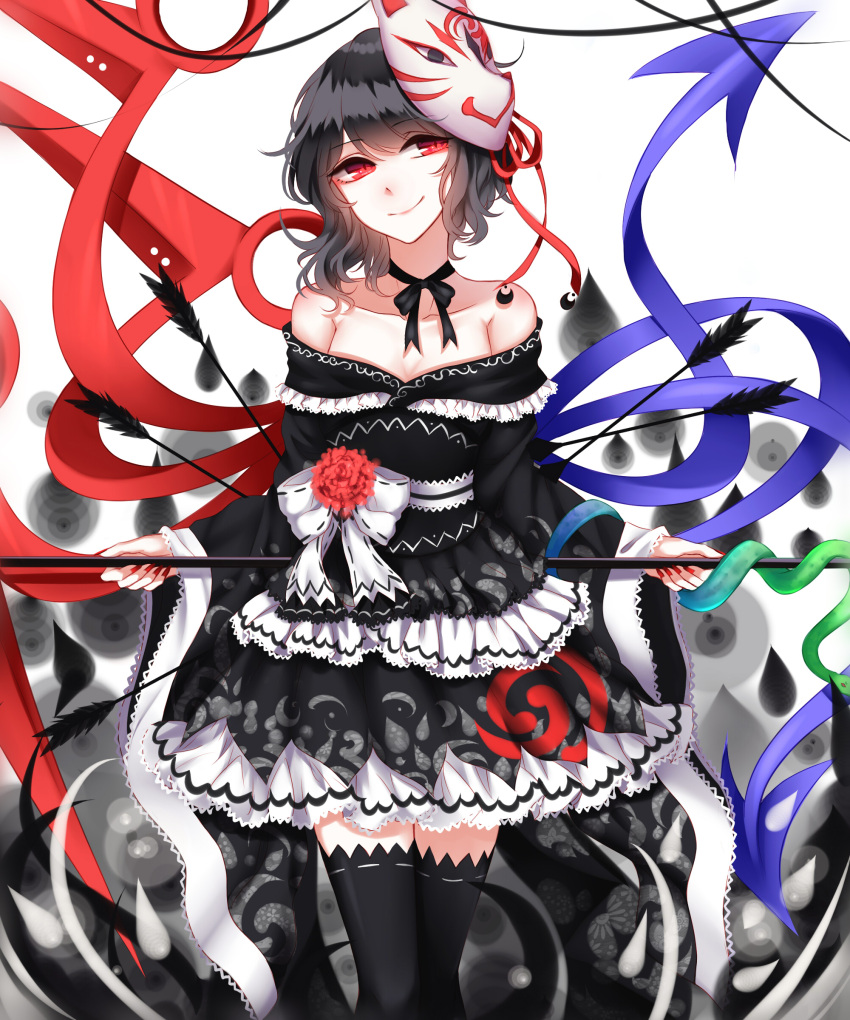 1girl absurdres adapted_costume arrow asymmetrical_wings bare_shoulders black_bow black_bowtie black_dress black_hair black_legwear black_ribbon bow bowtie breasts cleavage collarbone cowboy_shot dress flower fox_mask frilled_dress frills hair_ribbon highres holding holding_weapon houjuu_nue japanese_clothes kimono kimono_skirt lolita_fashion long_sleeves looking_at_viewer mask mask_on_head nail_polish neck_ribbon obi off-shoulder_dress off_shoulder polearm red_eyes red_nails red_ribbon red_rose ribbon ribbon-trimmed_legwear ribbon_trim rose sash sheya short_dress small_breasts smile snake solo thigh-highs touhou wa_lolita weapon white_background white_ribbon wide_sleeves wings zettai_ryouiki