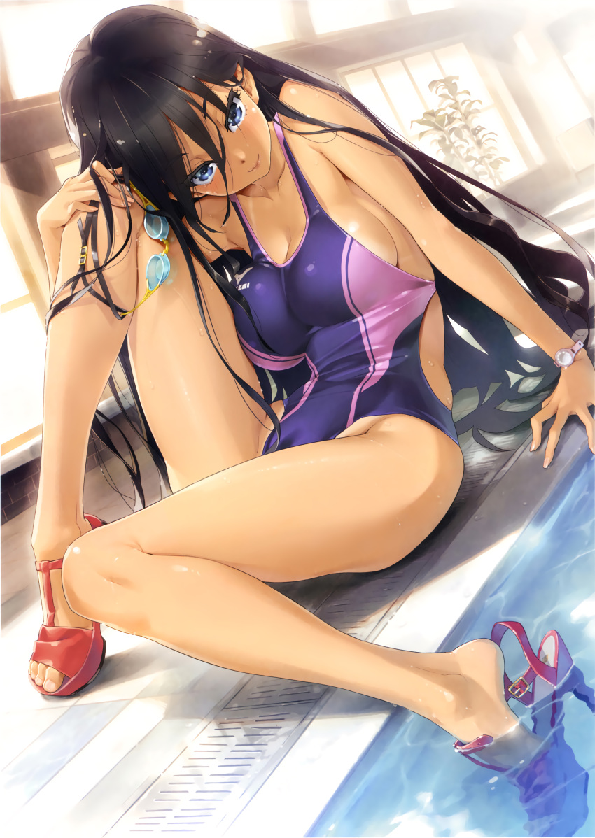 1girl absurdres arm_support black_hair blue_eyes breasts cleavage collarbone competition_swimsuit dutch_angle feet fingernails goggles goggles_removed hair_between_eyes happoubi_jin high_heels highres indoors large_breasts leg_lift long_fingernails long_hair looking_at_viewer one-piece_swimsuit open_toe_shoes poolside sandals scan seductive_smile shiny shiny_skin shoe_dangle shoes skin_tight smile soaking_feet solo swimsuit tan tanline toes toranoana very_long_hair watch watch wet