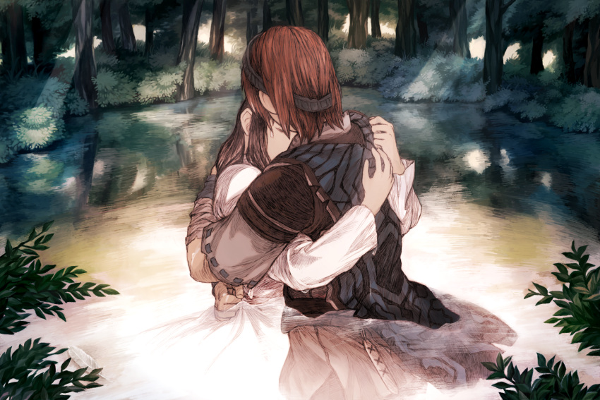 1boy 1girl bandaged_arm brown_hair couple forest from_behind headband hetero highres hug maekakekamen mono nature partially_submerged poncho pond redhead shadow_of_the_colossus wander