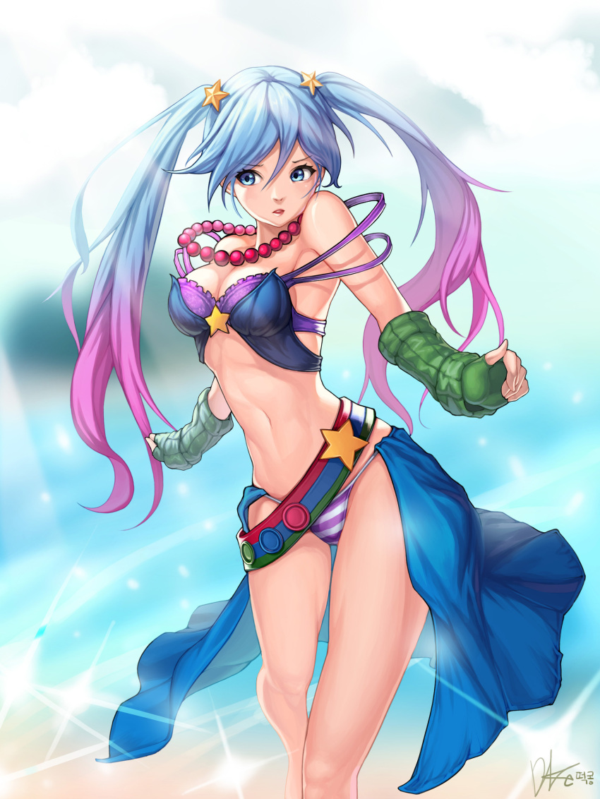 1girl absurdres arcade_sona arm_warmers bikini blue_hair bra breasts cleavage fingerless_gloves gloves highres jewelry league_of_legends lee_seok_ho legs multicolored_hair navel necklace open_clothes open_skirt panties skirt solo sona_buvelle stomach striped striped_bikini striped_panties swimsuit toned twintails two-tone_hair underwear