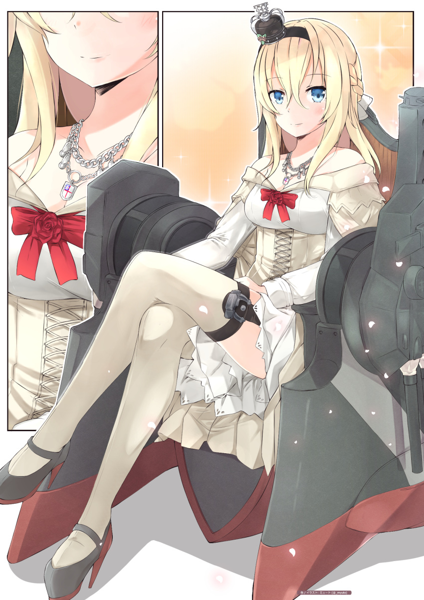 1girl bare_shoulders blonde_hair blue_eyes blush braid breasts cleavage crown dress french_braid garter_straps head_out_of_frame high_heels highres kantai_collection large_breasts legs_crossed long_hair long_sleeves looking_at_viewer machinery mini_crown multiple_views myuto_(advent_retribution) off_shoulder sitting smile thigh-highs throne warspite_(kantai_collection) white_dress white_legwear zoom_layer