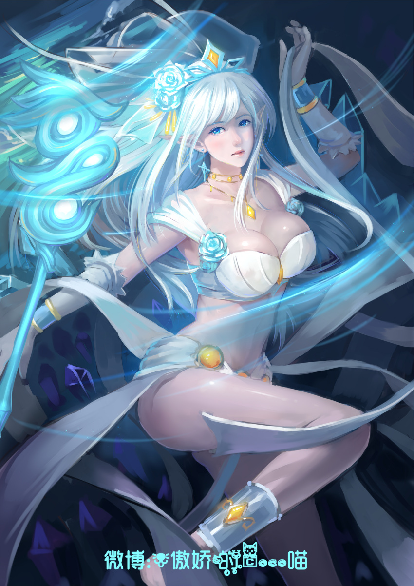 1girl absurdres anklet arm_up blue_eyes blue_rose bracer breasts bustier cleavage collarbone crown crystal destincelly earrings elbow_gloves flower gem gloves glowing hair_flower hair_ornament highres holding janna_windforce jewelry knee_up large_breasts league_of_legends leg_up lips long_hair looking_at_viewer magic medium_breasts navel necklace outstretched_arm pendant pointy_ears revealing_clothes ribbon rose see-through shawl solo staff veil very_long_hair white_flowers white_gloves white_hair white_ribbon