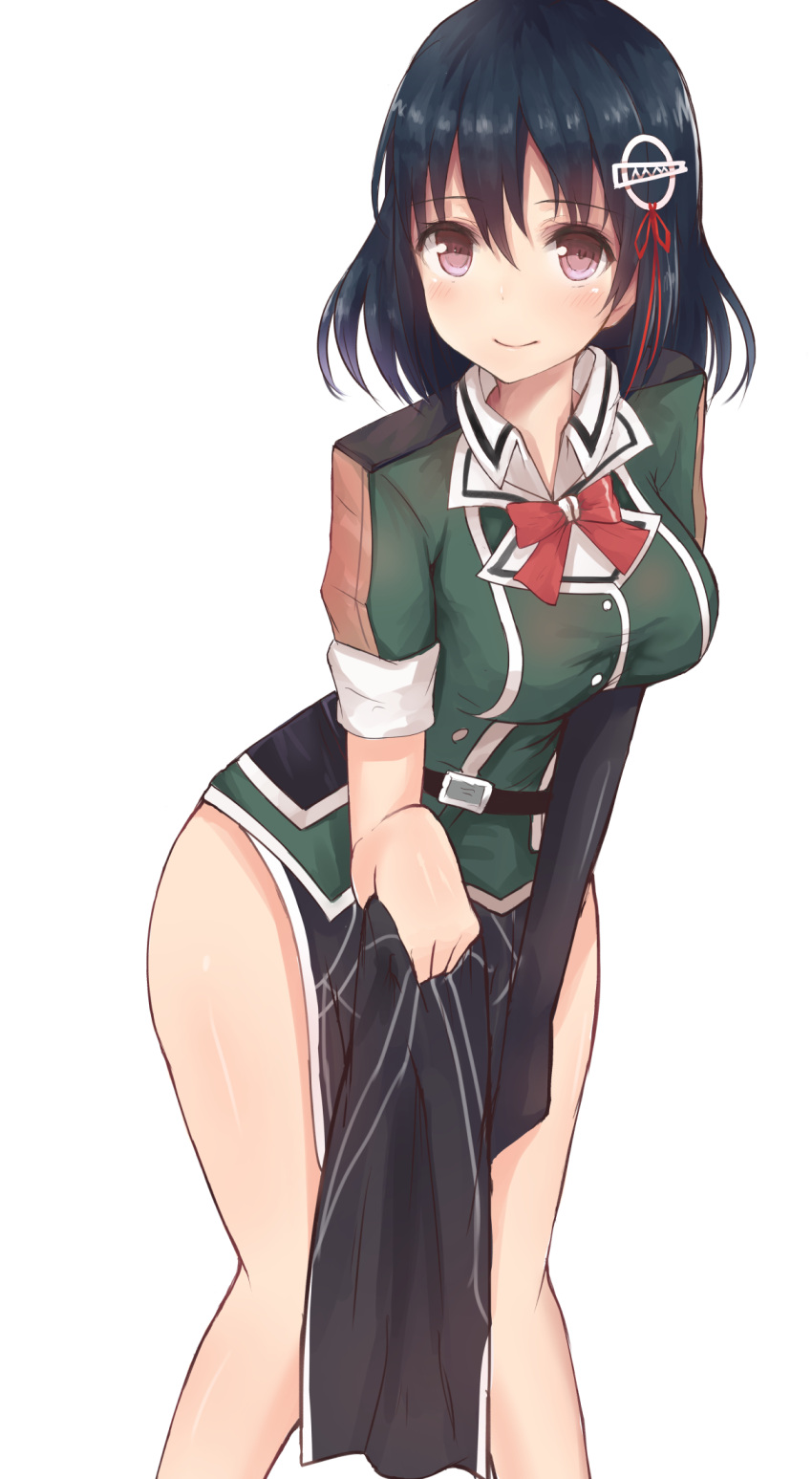1girl alternate_costume alternate_eye_color bare_legs belt black_gloves black_hair bow bowtie breasts brown_eyes buttons collared_shirt gloves haguro_(kantai_collection) hair_ornament highres kantai_collection kinryuu large_breasts legs looking_at_viewer pelvic_curtain pink_eyes remodel_(kantai_collection) shirt short_hair short_sleeves side_slit simple_background single_elbow_glove skirt_hold smile solo thighs tone_(kantai_collection) tone_(kantai_collection)_(cosplay) white_background
