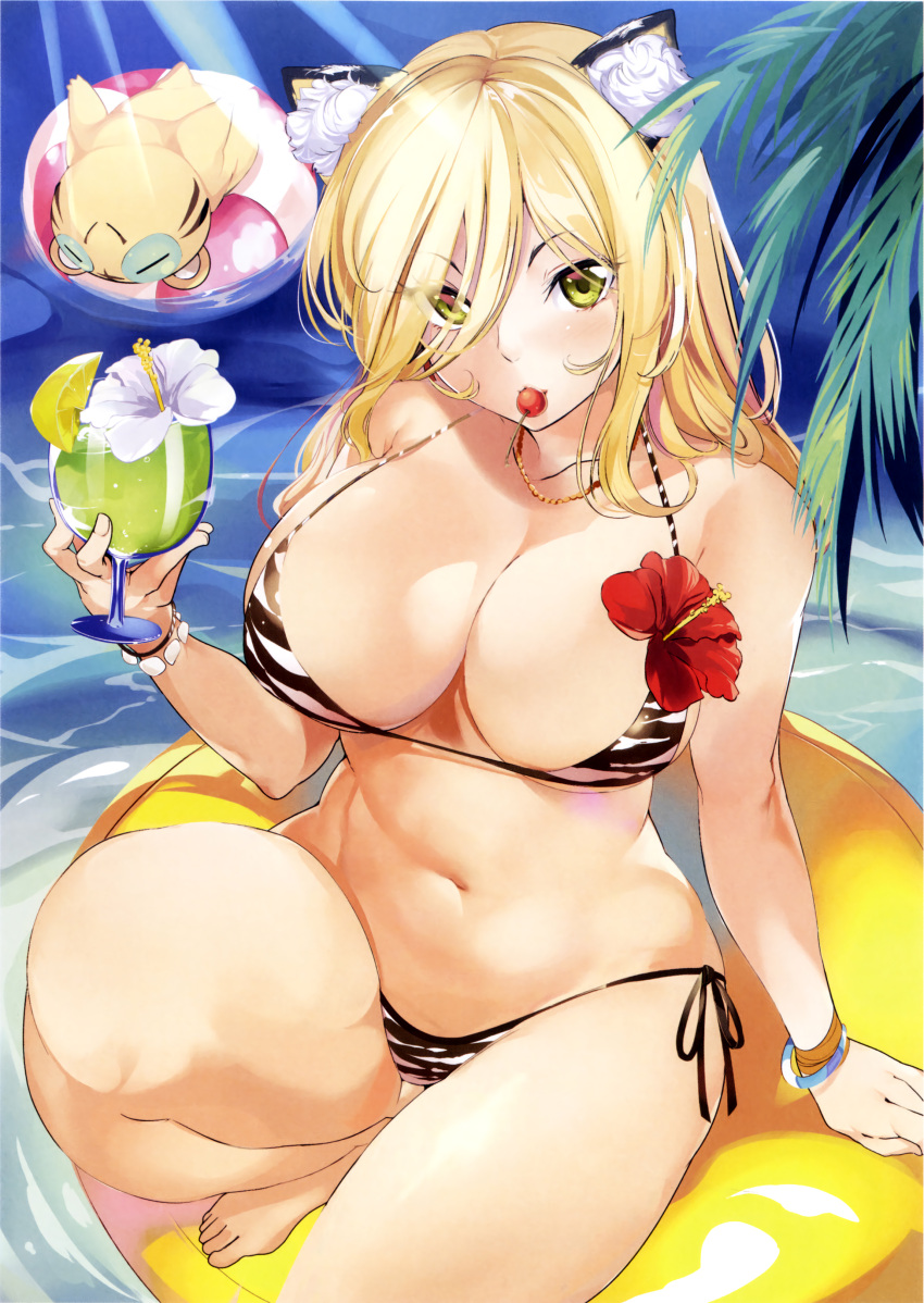 1girl :3 absurdres animal_ears bare_legs barefoot bikini blonde_hair bracelet breasts cherry cleavage curvy drink flower food food_in_mouth fruit green_eyes hair_over_one_eye hibiscus highres innertube jewelry kotora_(toranoana) large_breasts long_hair looking_at_viewer marushin_(denwa0214) mouth_hold navel necklace outdoors scan side-tie_bikini sitting solo string_bikini sunlight swimsuit tiger tiger_ears tiger_print toranoana