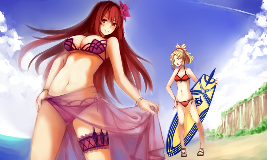 2girls bikini blonde_hair breasts cleavage fate/apocrypha fate/grand_order fate_(series) flower green_eyes hair_flower hair_ornament large_breasts long_hair looking_at_viewer miya_star_saa mordred_(swimsuit_rider)_(fate) multiple_girls navel ponytail purple_hair red_bikini red_eyes saber_of_red sarong scathach_(fate/grand_order) scathach_(swimsuit_assassin)_(fate) surfboard swimsuit