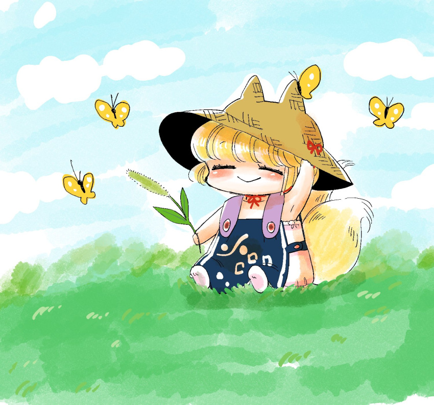 1girl :&gt; alternate_costume arm_up butterfly chin_strap closed_eyes clouds eyebrows eyebrows_visible_through_hair flower flower_request fox_tail grass hand_on_headwear hat hat_with_ears highres holding holding_flower komaku_juushoku multiple_tails overalls plant short_hair sitting sitting_on_ground sleeveless smile solo straw_hat suspenders tail touhou two_tails yakumo_ran younger