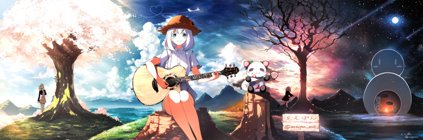 1girl :3 absurdres acoustic_guitar aircraft airplane artist_name bare_tree blue_eyes blush blush_stickers c.c.r_(ccrgaoooo) cherry_blossoms closed_mouth clouds collared_shirt eyebrows eyebrows_visible_through_hair falling fire flying_sweatdrops full_moon guitar hand_to_own_mouth hat heart high-waist_skirt highres instrument long_sleeves looking_at_another looking_at_viewer moon mountain original outdoors outstretched_arms panda partially_colored pleated_skirt seasons shirt shooting_star short_sleeves sign sitting skirt sky smile snowing snowman solid_oval_eyes standing sunset tree tree_stump twitter_username white_hair white_shirt wing_collar