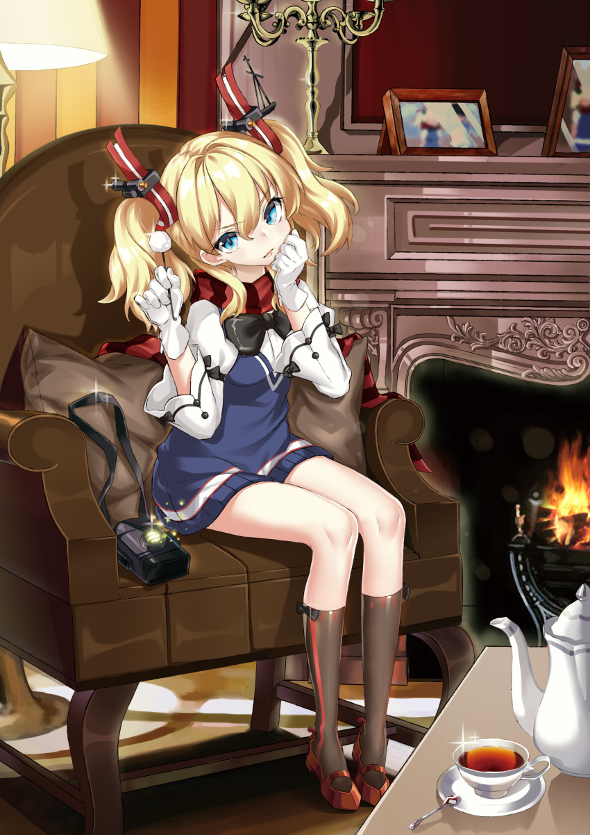 1girl absurdres blonde_hair blue_eyes blush bow chair cup fireplace gloves glowworm_(zhan_jian_shao_nyu) hair_ribbon highres indoors kikimi lamp long_hair long_sleeves looking_at_viewer mimikaki picture_frame ribbon scarf sitting solo spoon striped striped_scarf teacup teapot twintails zhan_jian_shao_nyu