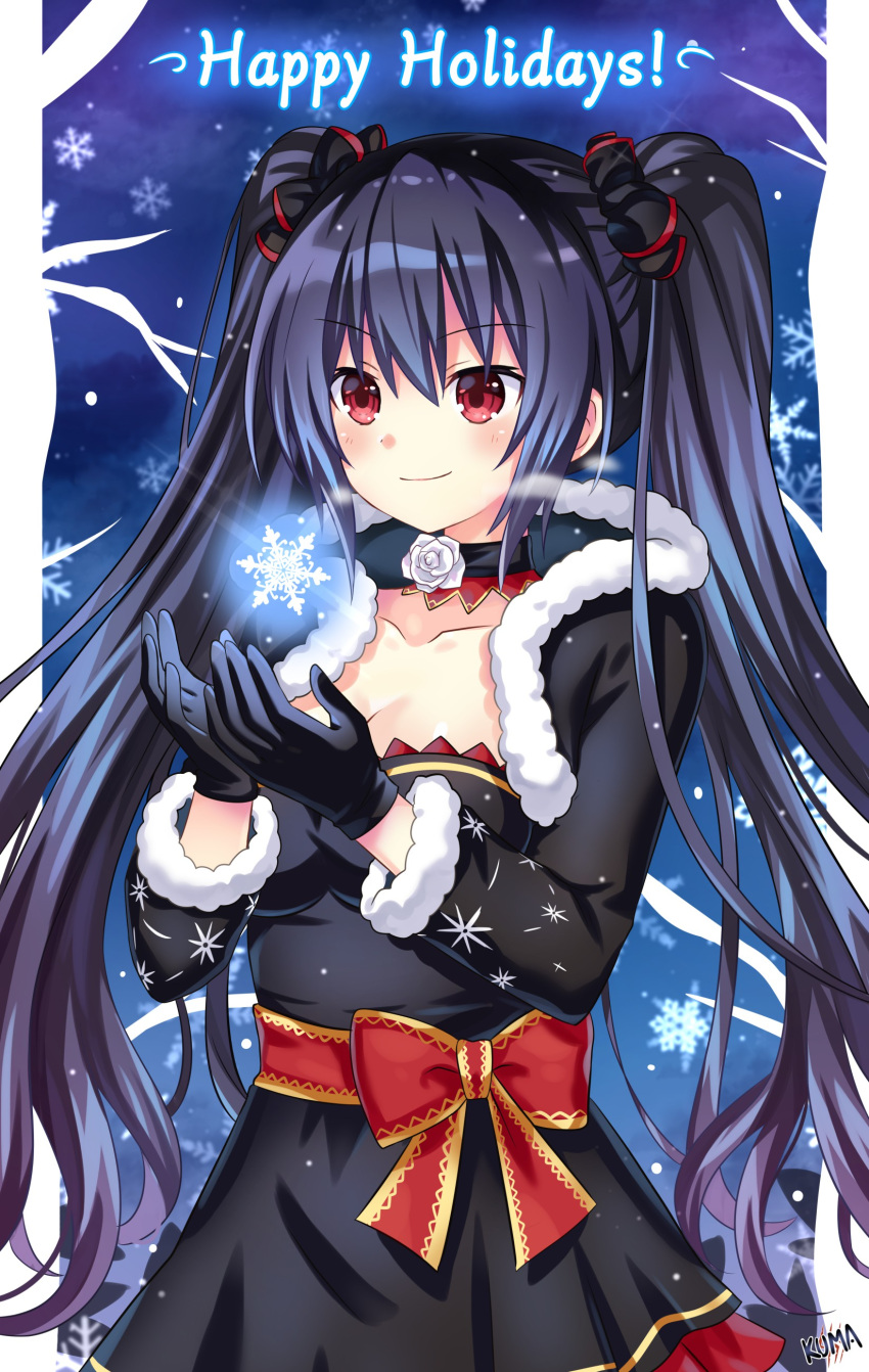 1girl absurdres alternate_costume black_dress black_hair blush bow breasts christmas collarbone dress eyebrows_visible_through_hair hair_between_eyes hair_bow happy_holidays highres lewdkuma long_hair looking_at_viewer medium_breasts neptune_(series) noire_(neptune_series) red_bow red_eyes sidelocks signature snowflakes solo twintails