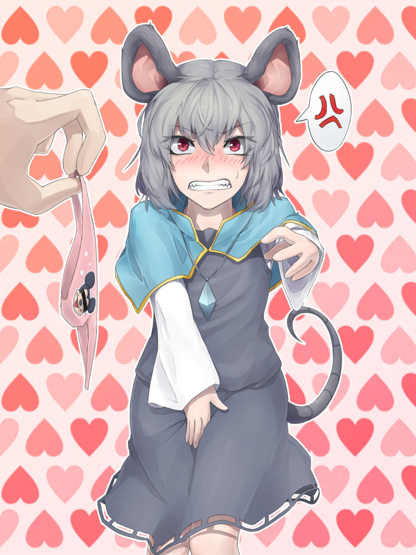 1girl anger_vein angry animal_ears blush capelet censored clenched_teeth covering covering_crotch d:&lt; disney embarrassed fangs grey_hair heart highres holding holding_panties identity_censor jewelry ldl_(bcw1025) long_sleeves looking_at_viewer mickey_mouse mouse_ears mouse_tail nazrin panties panties_removed pendant pink_panties reaching_out red_eyes short_hair skirt skirt_set solo_focus spoken_anger_vein tail teeth touhou underwear
