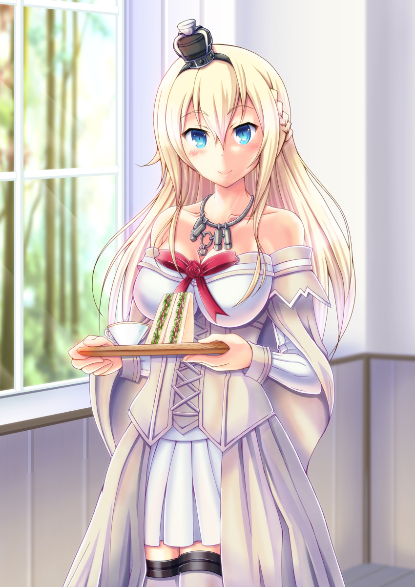 1girl bare_shoulders blonde_hair blue_eyes braid breasts corset crown dress flower french_braid hair_between_eyes hairband highres indoors jewelry kantai_collection large_breasts long_hair long_sleeves looking_at_viewer mini_crown necklace off-shoulder_dress off_shoulder red_ribbon red_rose ribbon rose sandwich smile tray warspite_(kantai_collection) white_dress white_legwear window wooden_wall zangaku