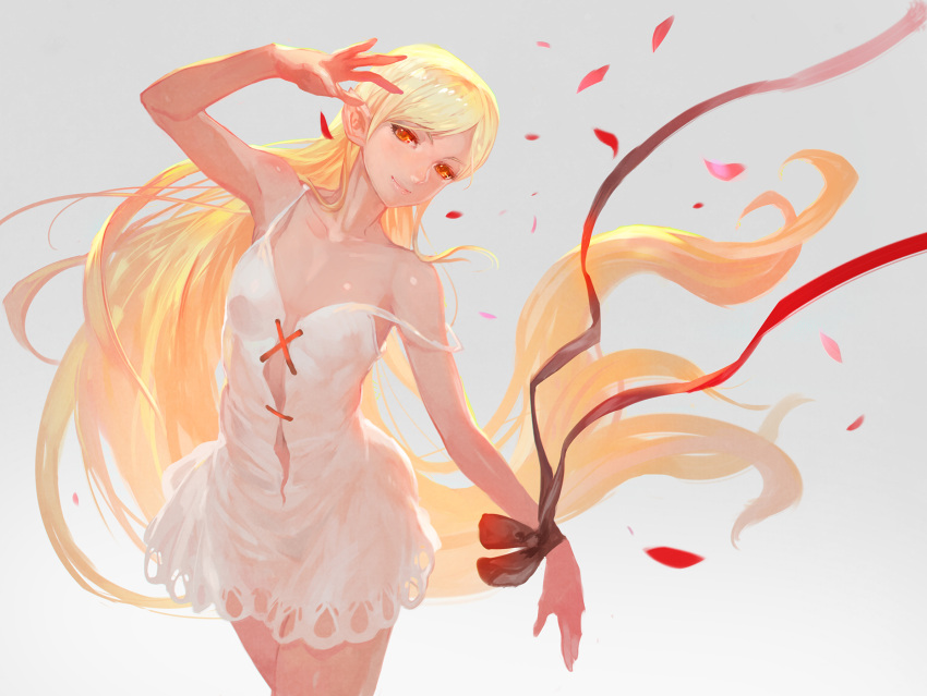1girl arm_up bakemonogatari bare_shoulders blonde_hair breasts closed_mouth collarbone colored_eyelashes cowboy_shot cross-laced_clothes dress fang gradient gradient_background grey_background highres kiss-shot_acerola-orion_heart-under-blade lack leaf long_hair looking_at_viewer monogatari_(series) oshino_shinobu petals pointy_ears red_eyes red_ribbon ribbon short_dress simple_background sleeveless sleeveless_dress small_breasts smile solo strap_gap strap_slip very_long_hair white_dress wrist_ribbon