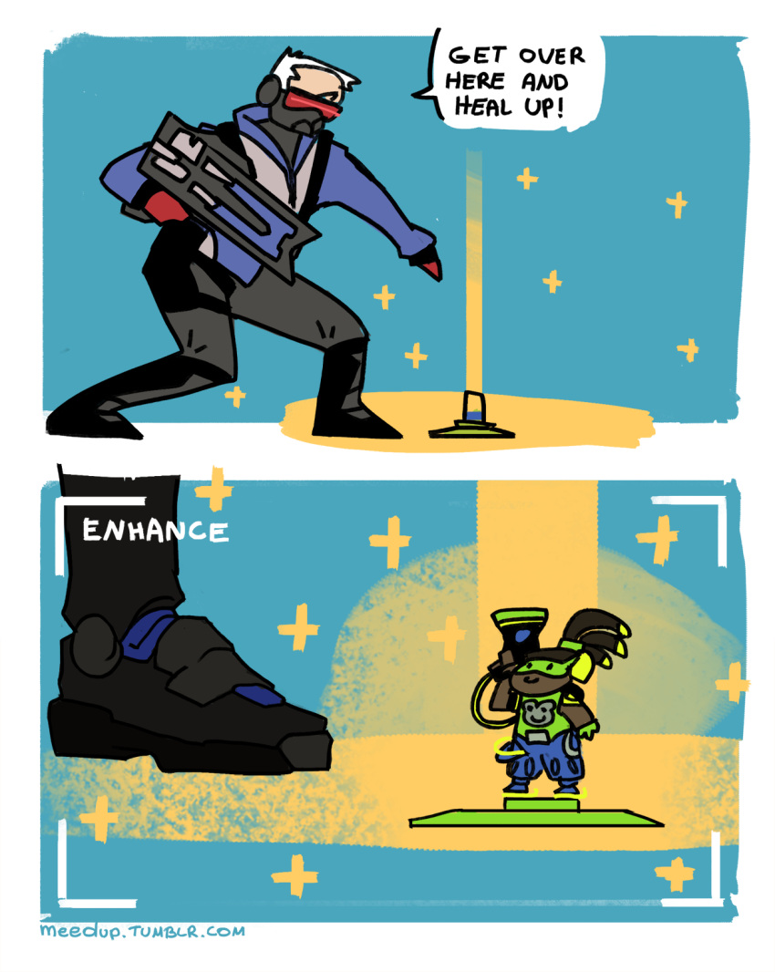 2boys artist_name comic flat_color highres jacket lucio_(overwatch) male_focus multiple_boys overwatch soldier:_76_(overwatch) visor white_hair