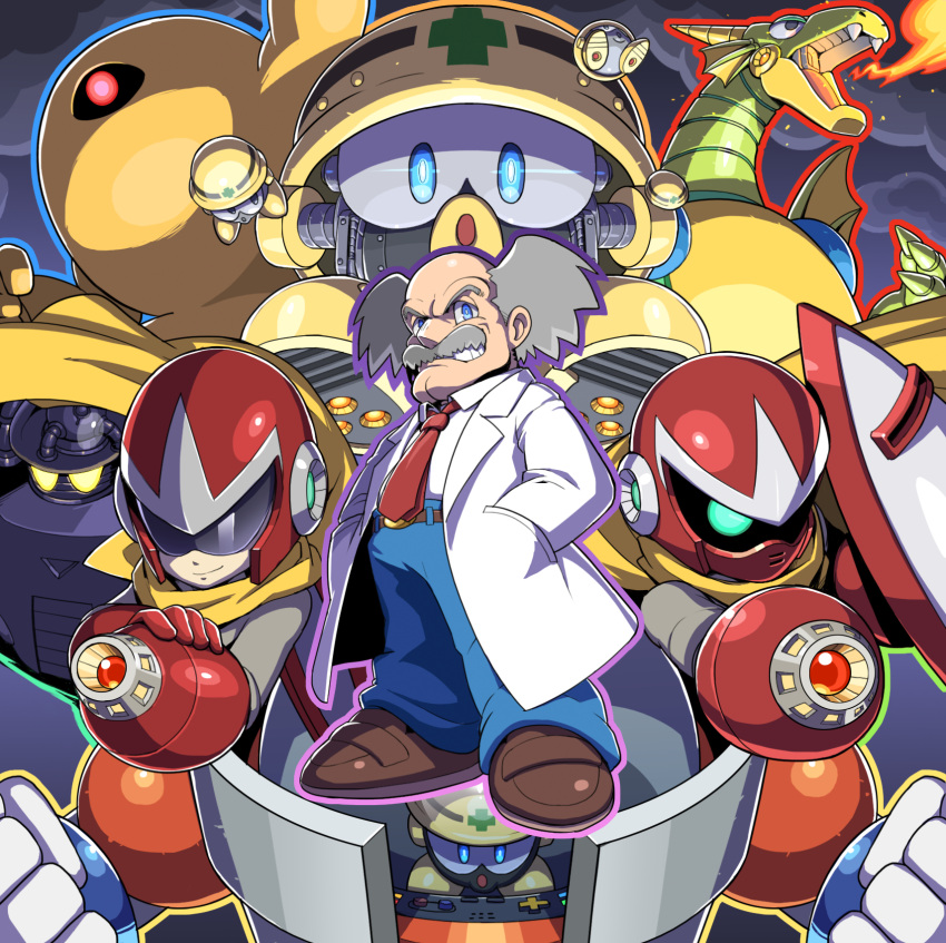 1boy albert_w_wily android arm_cannon bald belt blue_eyes blue_pants blues_(rockman) brown_shoes character_request claws clenched_hands clouds facial_hair fangs fire glasses glowing glowing_eye glowing_eyes grey_hair hands_in_pockets helmet highres labcoat long_sleeves looking_at_viewer metool mustache necktie open_mouth pants red_eyes red_necktie robot rockman rockman_(classic) scarf shield shoes smile solo sunglasses teeth tonami_kanji weapon yellow_devil yellow_eyes yellow_scarf