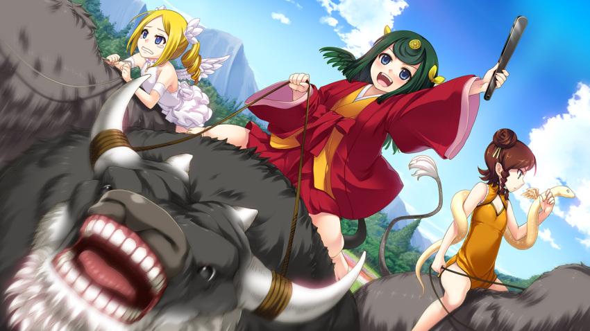 3girls :d animal bare_shoulders benimura_karu bison blonde_hair blue_eyes braid brown_hair bunny_black bunny_black_3 child china_dress chinese_clothes cleavage_cutout double_bun dress drill_hair dutch_angle error fan game_cg green_hair hair_ornament horns japanese_clothes kimono kyuriha long_hair miarute multiple_girls open_mouth outdoors riding smile snake straddling suisen_(bunny_black) tears teeth twin_braids twin_drills wavy_mouth white_dress wings