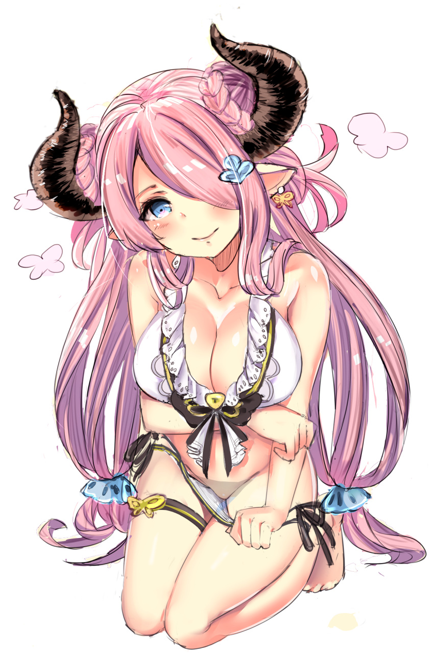 1girl alternate_costume bare_arms bare_legs bare_shoulders barefoot bikini bikini_pull blue_eyes braid breast_hold breasts demon_horns doraf double_bun granblue_fantasy groin hair_ornament hair_over_one_eye highres horns large_breasts lavender_hair long_hair looking_at_viewer low_twintails midriff narumeia_(granblue_fantasy) navel pointy_ears seiza sitting smile solo swimsuit thigh_strap twin_braids twintails white_bikini yikoyi