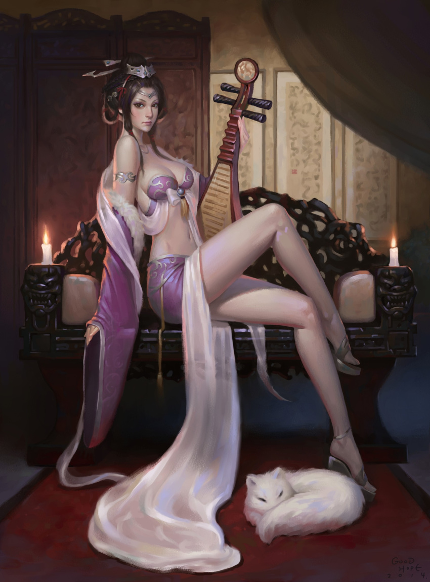 1girl 2014 absurdres artist_name bare_shoulders braid breasts brown_eyes brown_hair candle cat circlet closed_mouth english fire flame full_body highres indoors instrument looking_at_viewer medium_breasts navel number original realistic sandals short_hair_with_long_locks sitting tony_wang