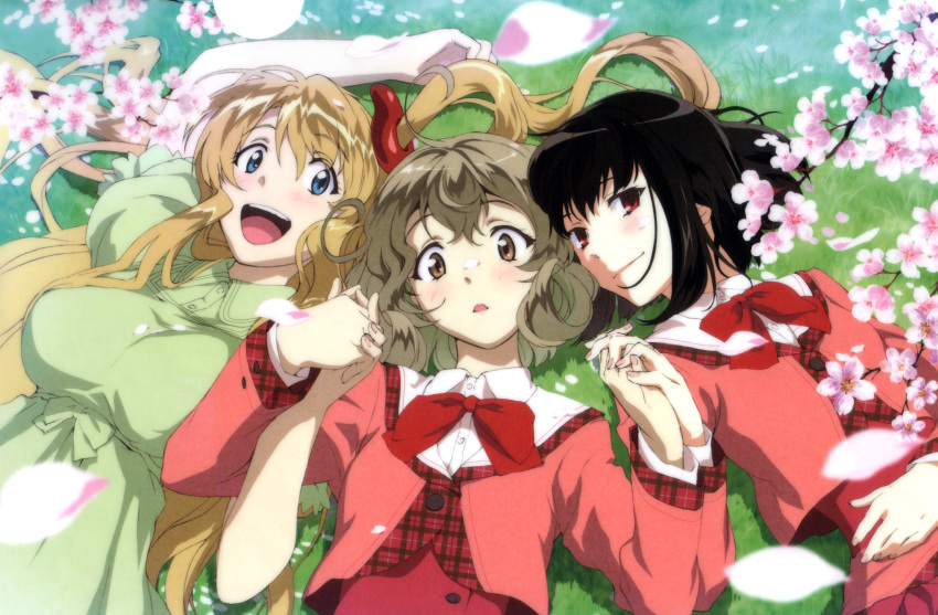 3girls :d arm_up artist_request black_hair blonde_hair blue_eyes blush bow bowtie breasts brown_hair cherry_blossoms closed_mouth collared_shirt dress dress_shirt from_above girl_sandwich grass green_dress hand_holding head_tilt highres interlocked_fingers large_breasts long_sleeves looking_at_viewer lying magatama multiple_girls on_back one_side_up open_mouth parted_lips petals plaid red_bow red_bowtie red_eyes round_teeth sandwiched sasami-san@ganbaranai school_uniform shirt short_sleeves smile teeth tsukuyomi_sasami wing_collar yagami_kagami yagami_tama yuri
