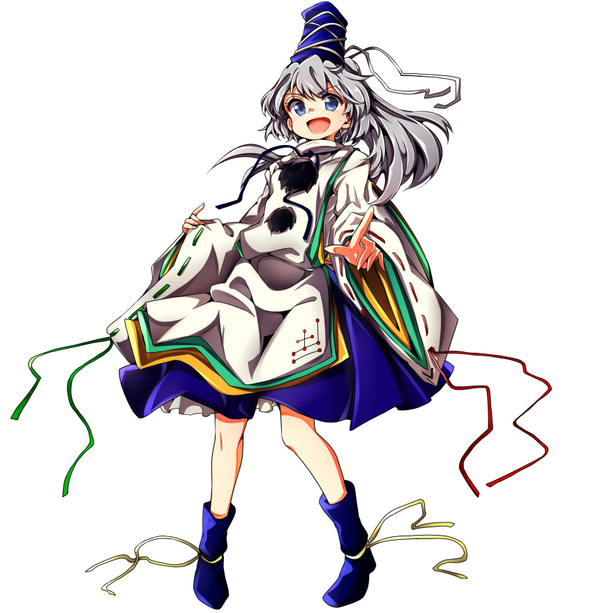 &gt;:d 1girl :d absurdres baba_(baba_seimaijo) blue_eyes blue_shoes blue_skirt foreshortening full_body hat highres japanese_clothes kariginu long_sleeves looking_at_viewer mononobe_no_futo open_mouth pointing pointing_at_viewer pom_pom_(clothes) ponytail ribbon-trimmed_sleeves ribbon_trim shoes silver_hair skirt smile solo tate_eboshi touhou white_background wide_sleeves